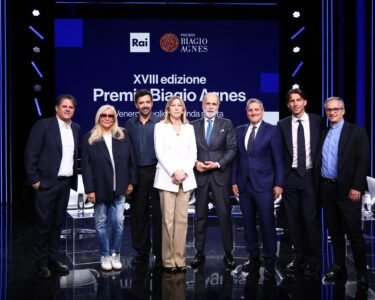 from the left, williams of liberatore, mara venier, alberto matano, simona agnes, giampaolo rossi, alberto barachini, alessandro onorato and mons. dario edoardo viganò
